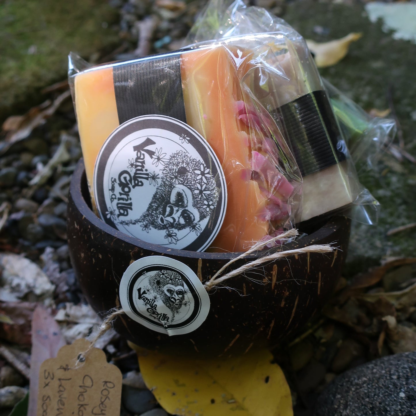 coconut gift bowl of 3 bar soaps on a natural settting