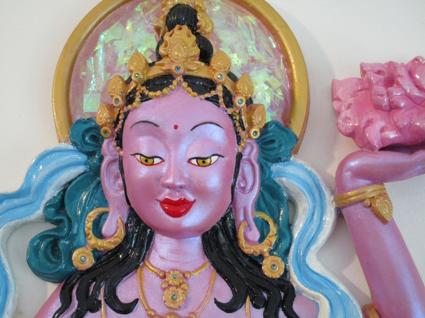 Goddess wall plaque Tibetan Offering flowers ~ "Free Floating"(pink/blue)