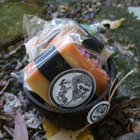 3 vanilla gorilla soap bars in a coconut on a natural background