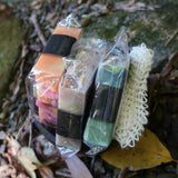 3 bar soaps and soap bag in coconut bowl 