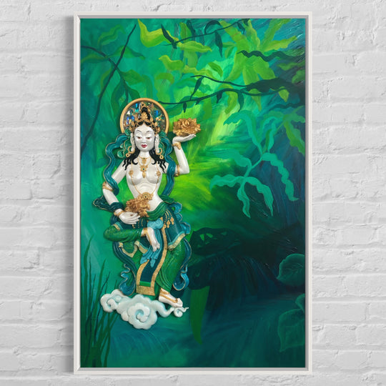 white offering goddess on a painted green jungle backdrop, framed in white