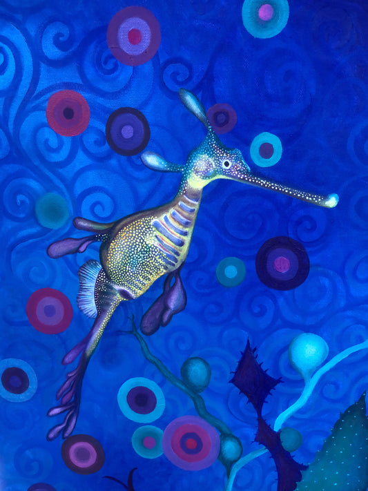 Colorful abstract painting with a weedy sea dragon creature on a blue background with circular patterns.