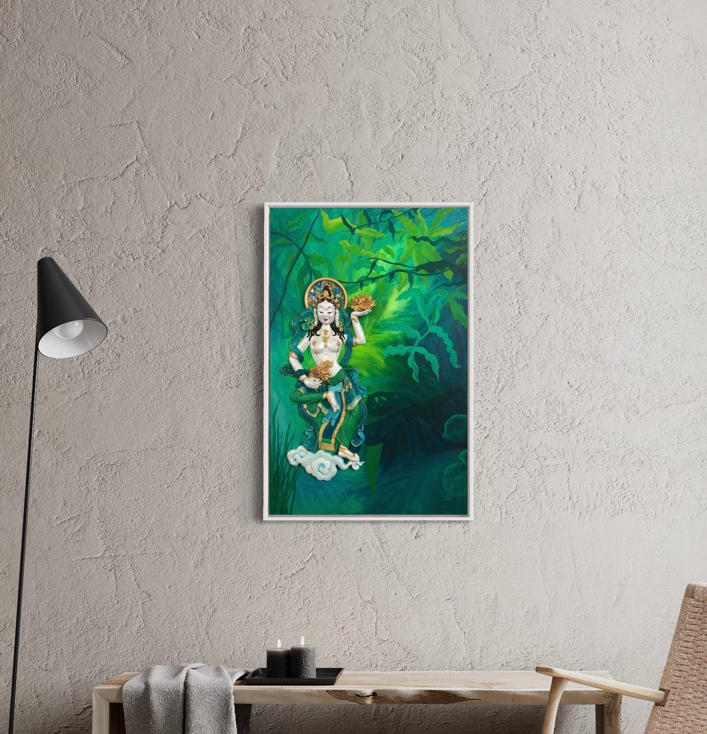 Green Jungle Goddess - semi sculptural wall art - oil on canvas