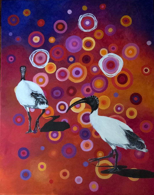 A colorful oil painting on canvas featuring two White Ibis birds with a background of multicolored circles.