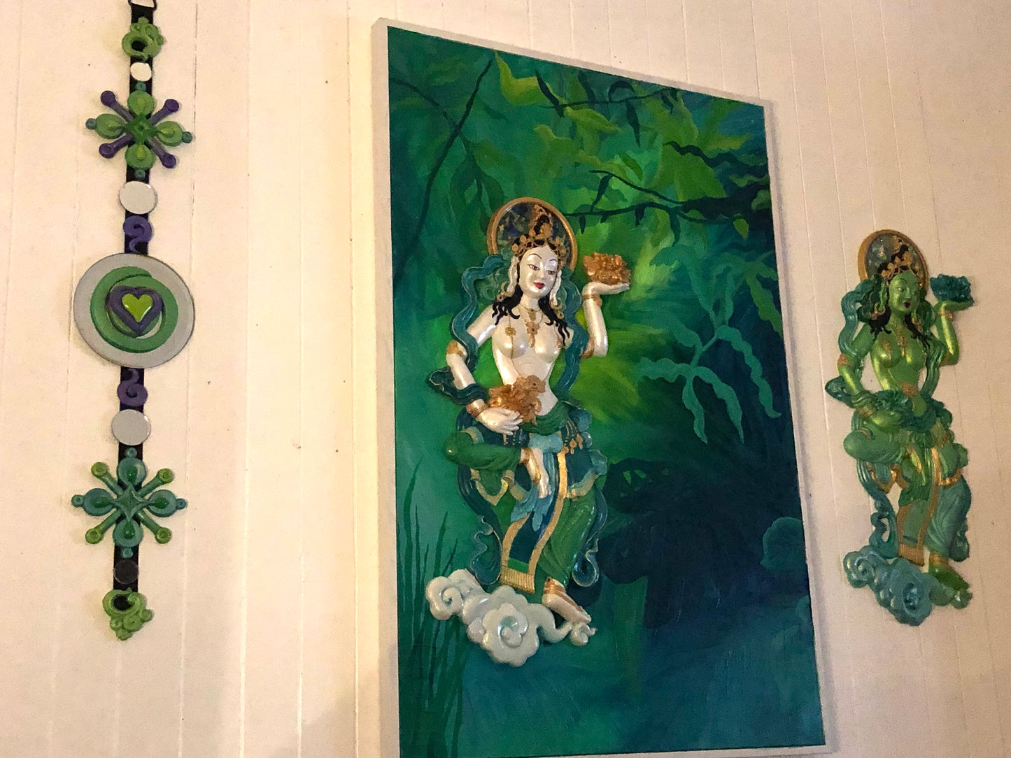 Green Jungle Goddess - semi sculptural wall art - oil on canvas