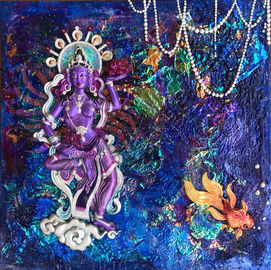 purple goddess and gold fish in 3d, swimming on a galactic background of irridescent colours and shaped