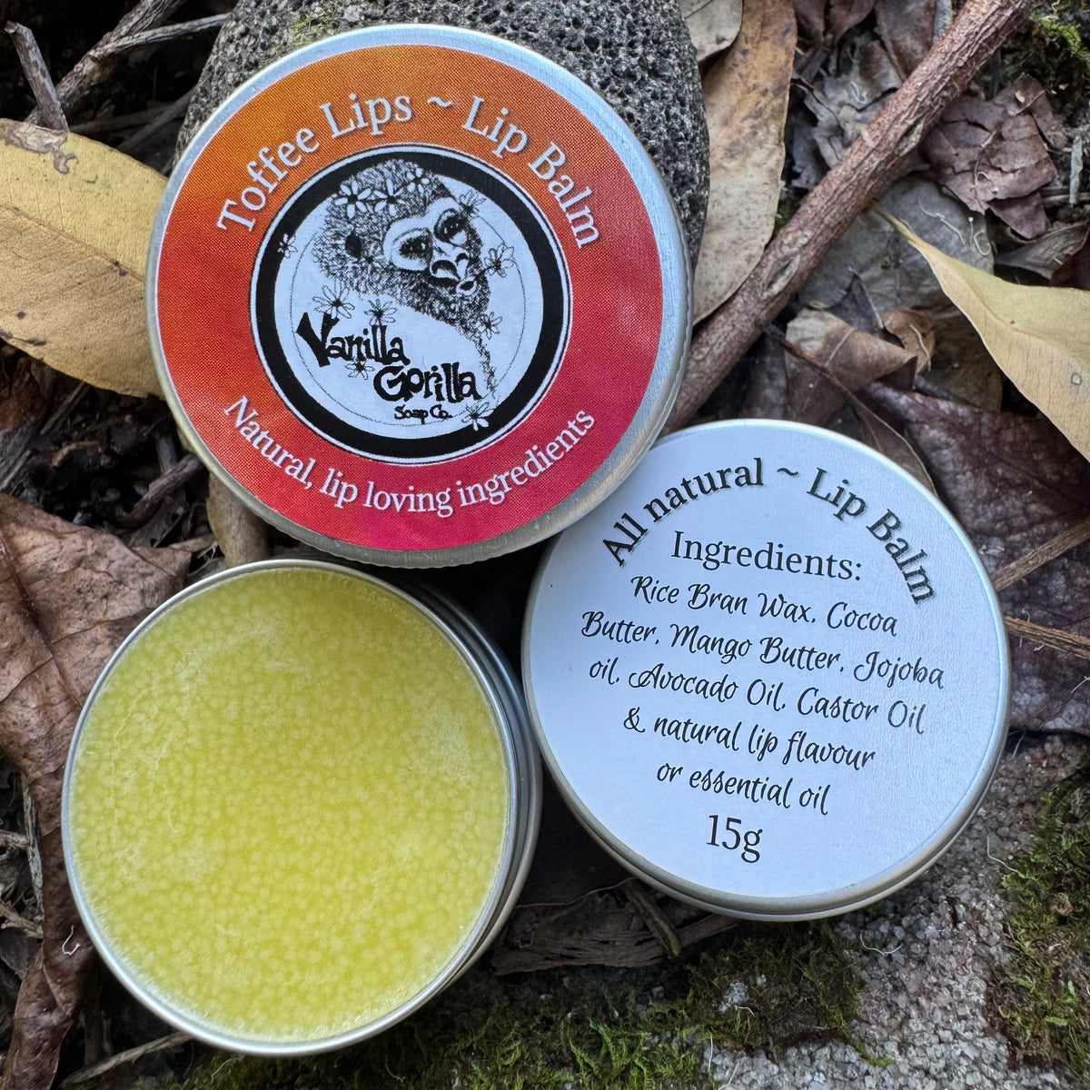 Two small round metal tins of lip balm placed on a bed of dry leaves and moss. One tin is open, showing pale yellow balm inside, and the other is closed with a white label that reads 'All natural ~ Lip Balm' and lists ingredients.