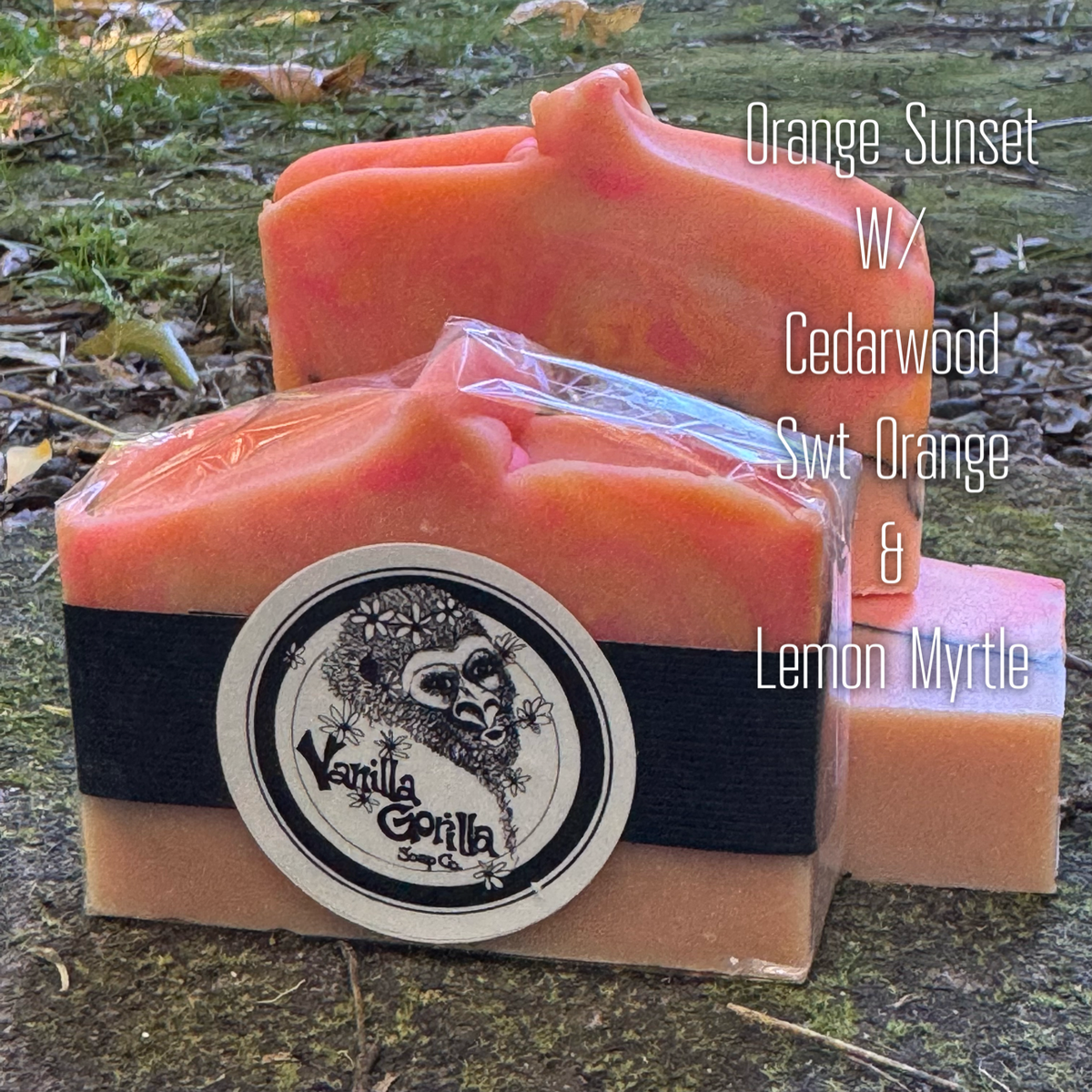 Two handmade soap bars wrapped in clear plastic, one in front and one behind, displayed outdoors on a mossy ground. The front soap features a black ribbon band with a round white label that reads 'Vanilla Gorilla Soap Co.