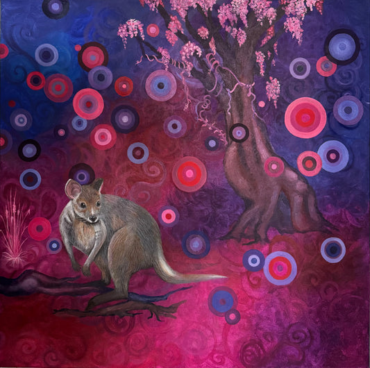 Colorful abstract painting with a kangaroo and stylized tree