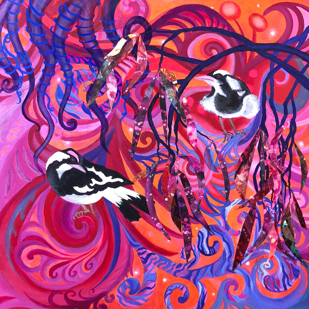 Colorful abstract artwork with birds and swirling patterns