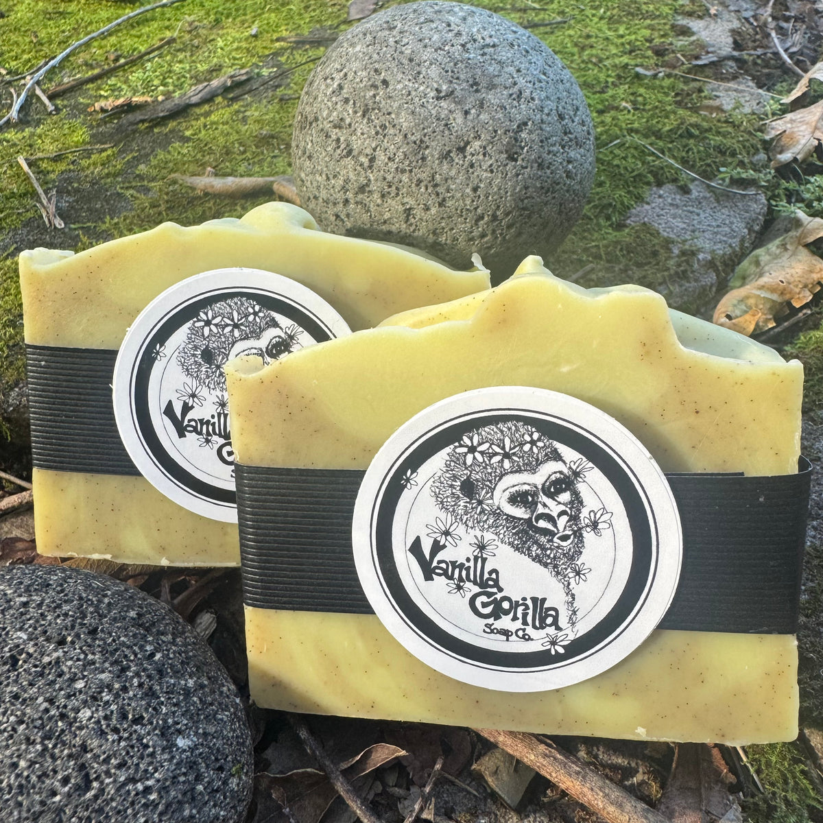 Two bars of Vanilla Gorilla soap with a natural background