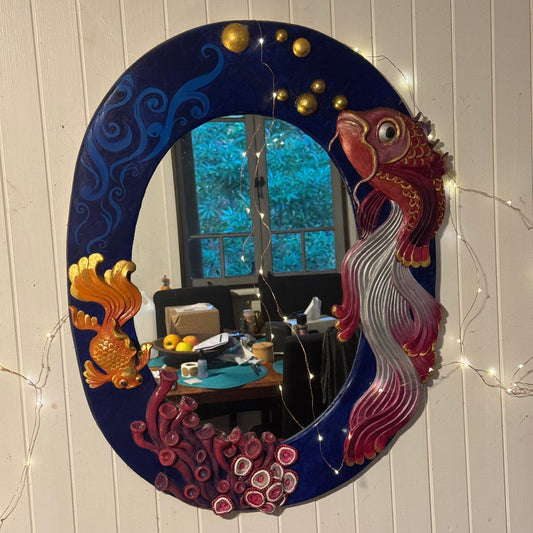 large sculpted mirror with 2 fish and coral, brightly coloured, wall hanging