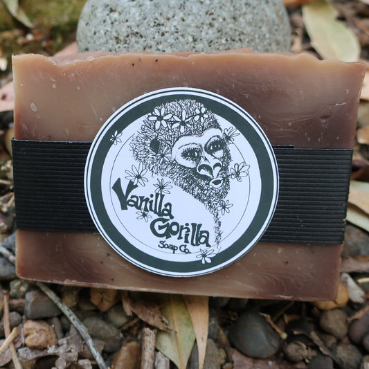 Bar of soap with Vanilla Gorilla branding on a natural background
