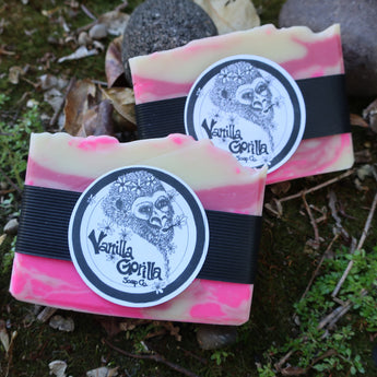 Two bars of soap with 'Vanilla Gorilla' branding on a natural background.