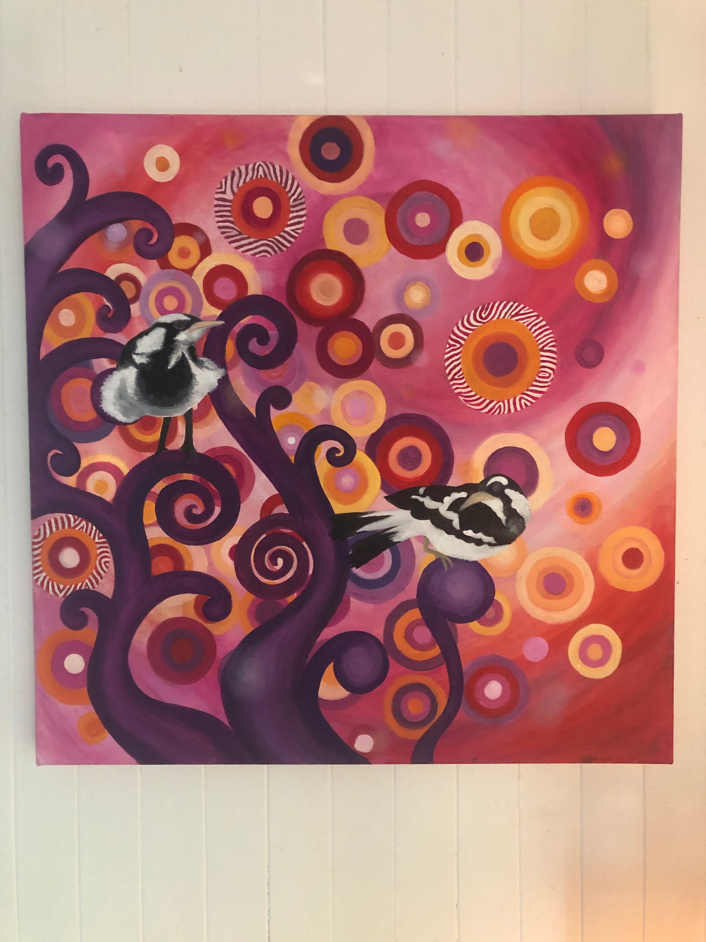 Magpie Larks at Sunset ~ oil on canvas