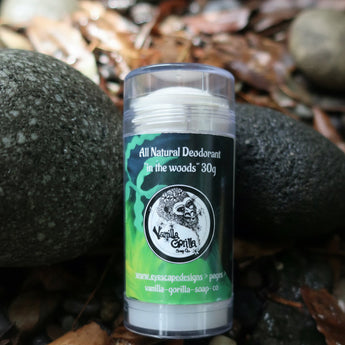 All natural deodorant Vanilla Gorilla “in the woods” with green label on mossy background