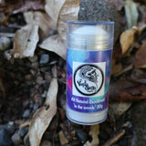 Deodorant stick with vanilla gorilla logo on a natural background