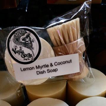 Packaged lemon myrtle and coconut dish soap with a visible brand label.