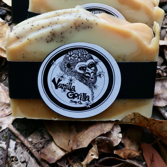 vanilla gorilla soap bar tumeric lemon myrtle on natural background
