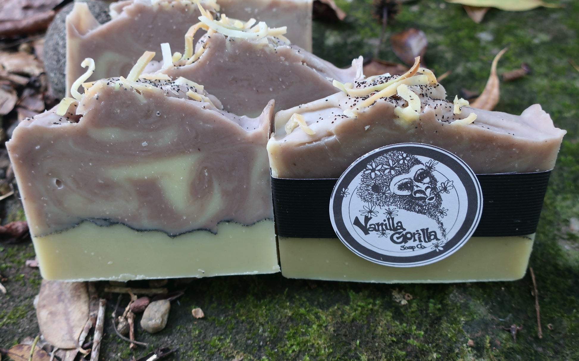 Three bars of soap with a 'Vanilla Gorilla' label on a natural background