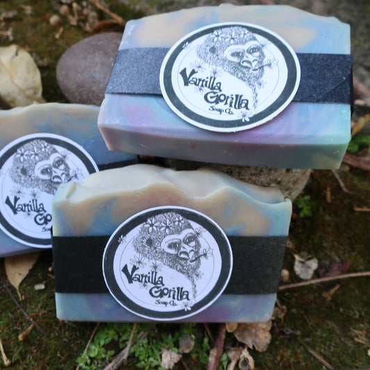 Pile of blue/purple/white peppermint eucalyptus soap bars