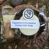 Peppermint & Eucalyptus Coconut Dish Soap in packaging on a natural background