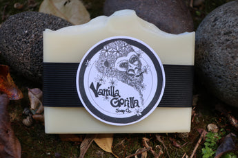 Bar of soap with a 'Vanilla Gorilla Soap Co.' label on a natural background
