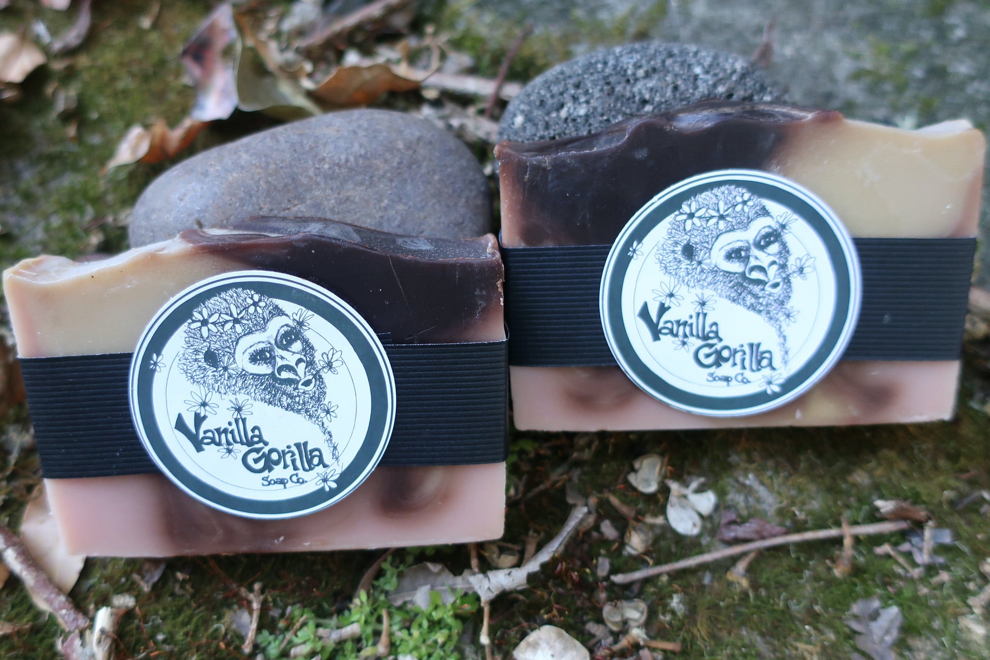 Two bars of vanilla,coconut & raspberry soap with 'Vanilla Gorilla' branding on a natural background.