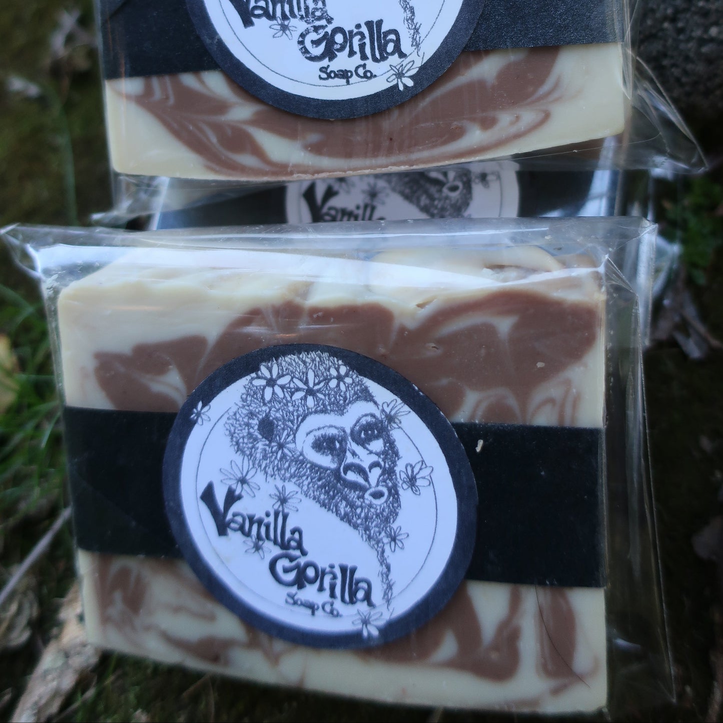 Two packages of Vanilla Gorilla soap on a grassy background