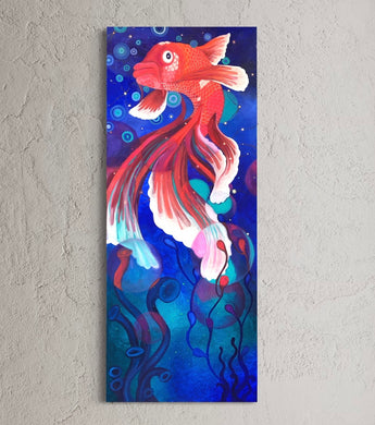 A colorful oil painting of a fish with a background of stars and a reddish-purple hue.