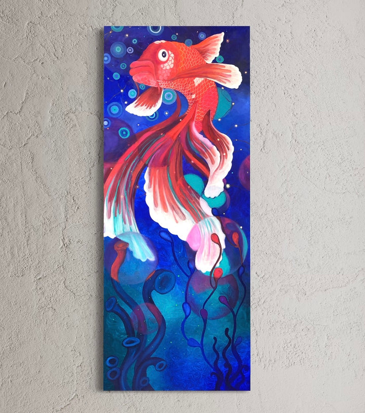 A colorful oil painting of a fish with a background of stars and a reddish-purple hue.