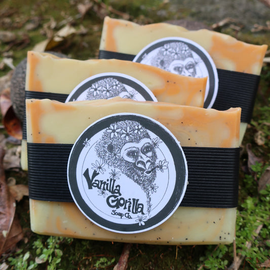 3 in scented orange and cream coloured vanilla gorilla soap bars w/exfoliate 
