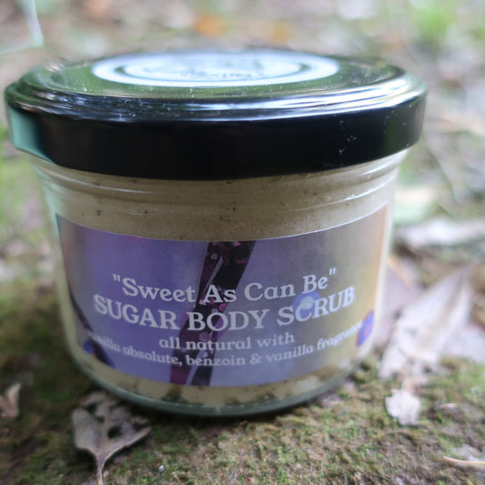 Jar of 'Sweet As Can Be' sugar body scrub on a natural background