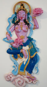 Tibetan buddhist Goddess  ~ "Free Floating" wall plaque (pink/blue)
