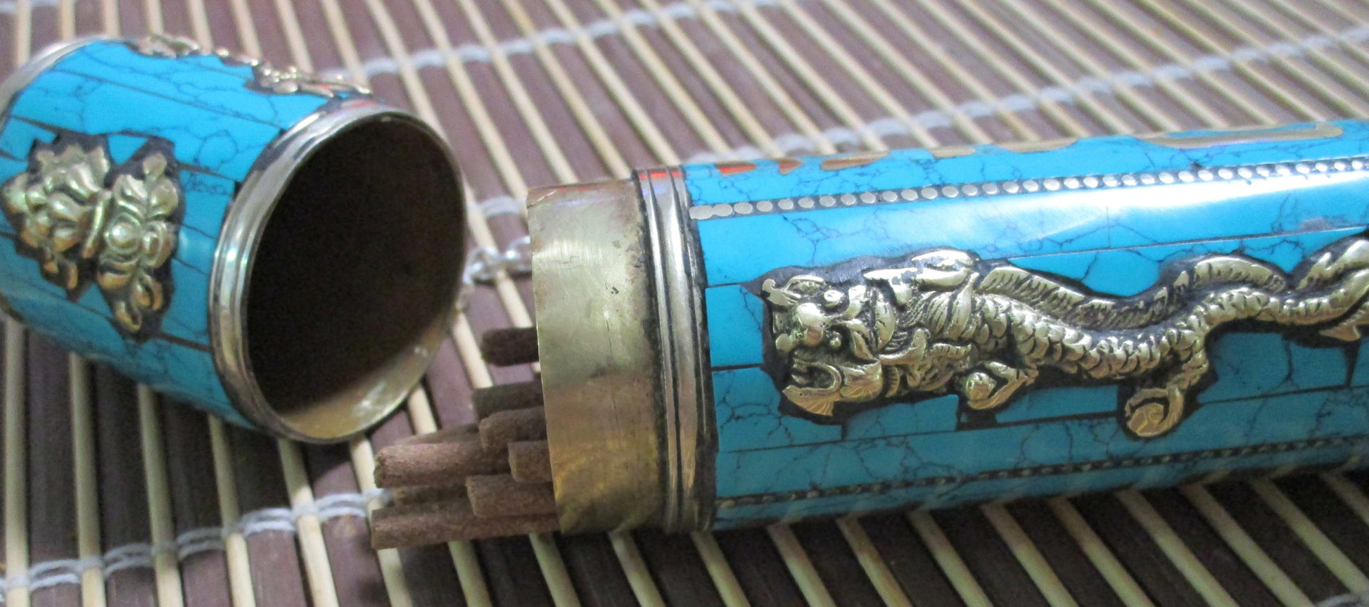 Turquoise inlay metal Incense Holder Tube - Eyescape Designs