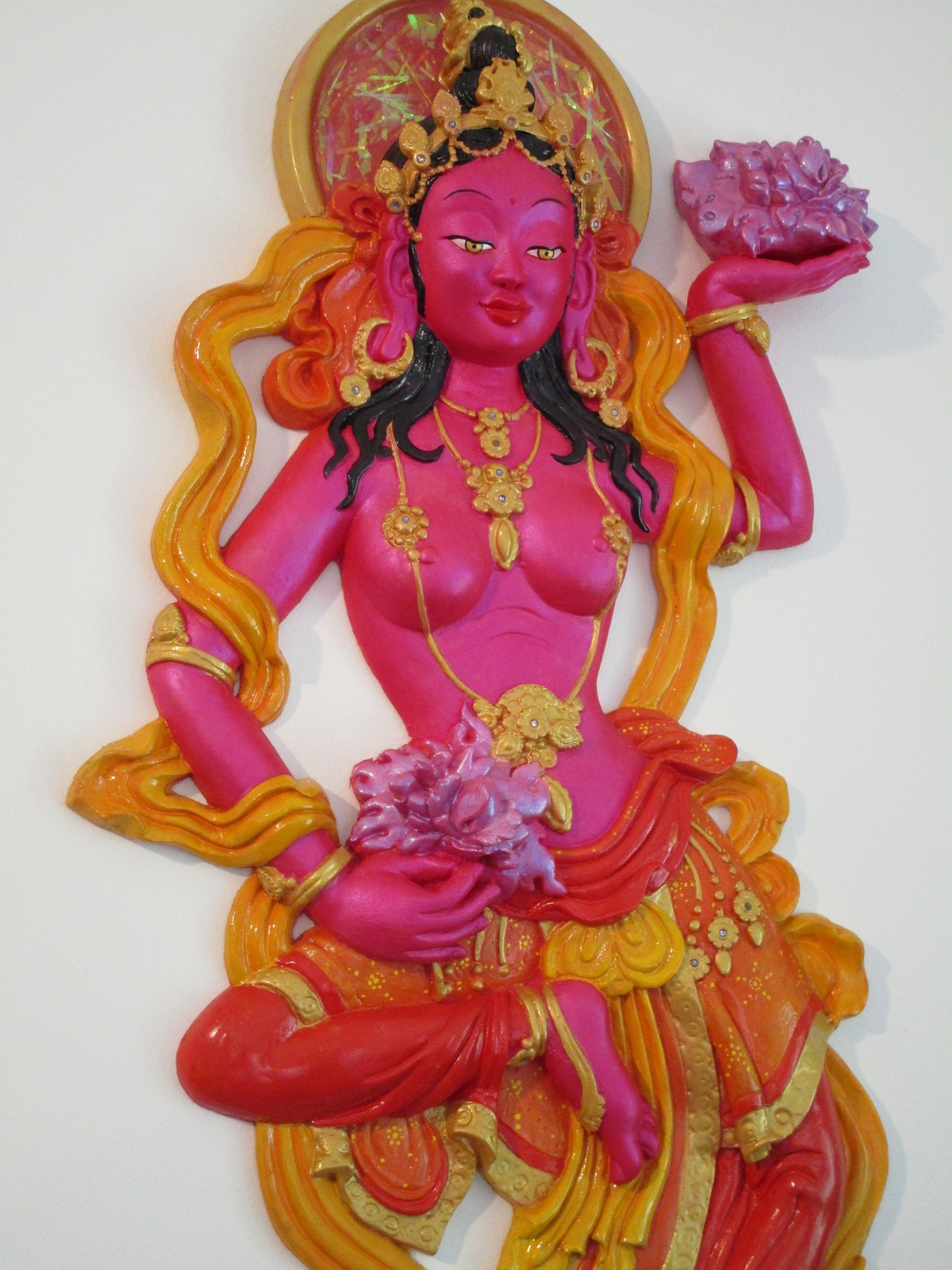 Buddhist offering goddess "backless" style (pink/red) - sculpted wall decor