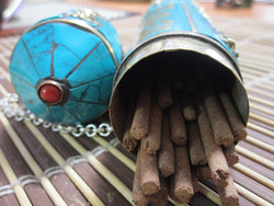 Turquoise Inlay Metal Incense Holder ~ Tube