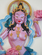 Tibetan Offering Goddess of flowers ~ "Free Floating"wall plaque(pink/blue) - Eyescape Designs