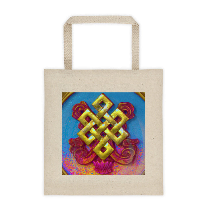  cotton canvas tote with buddhist endless knot colour art print